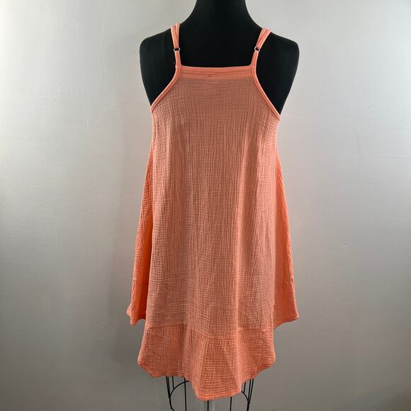 BOBI Coral Orange Scoop Neck Sleeveless Gauze Cotton Seersucker Mini Dresss S - Picture 5 of 10